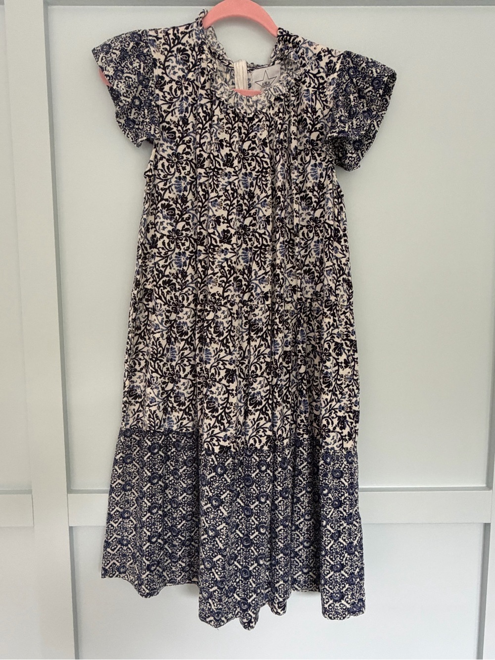 AREA Navy and White Floral Tiered Maxi Dress